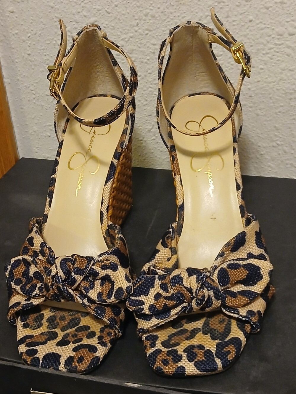Jessica Simpson Leopard Print Wedge Sandals Bow Ankle Strap Size 6.5/ EU 37